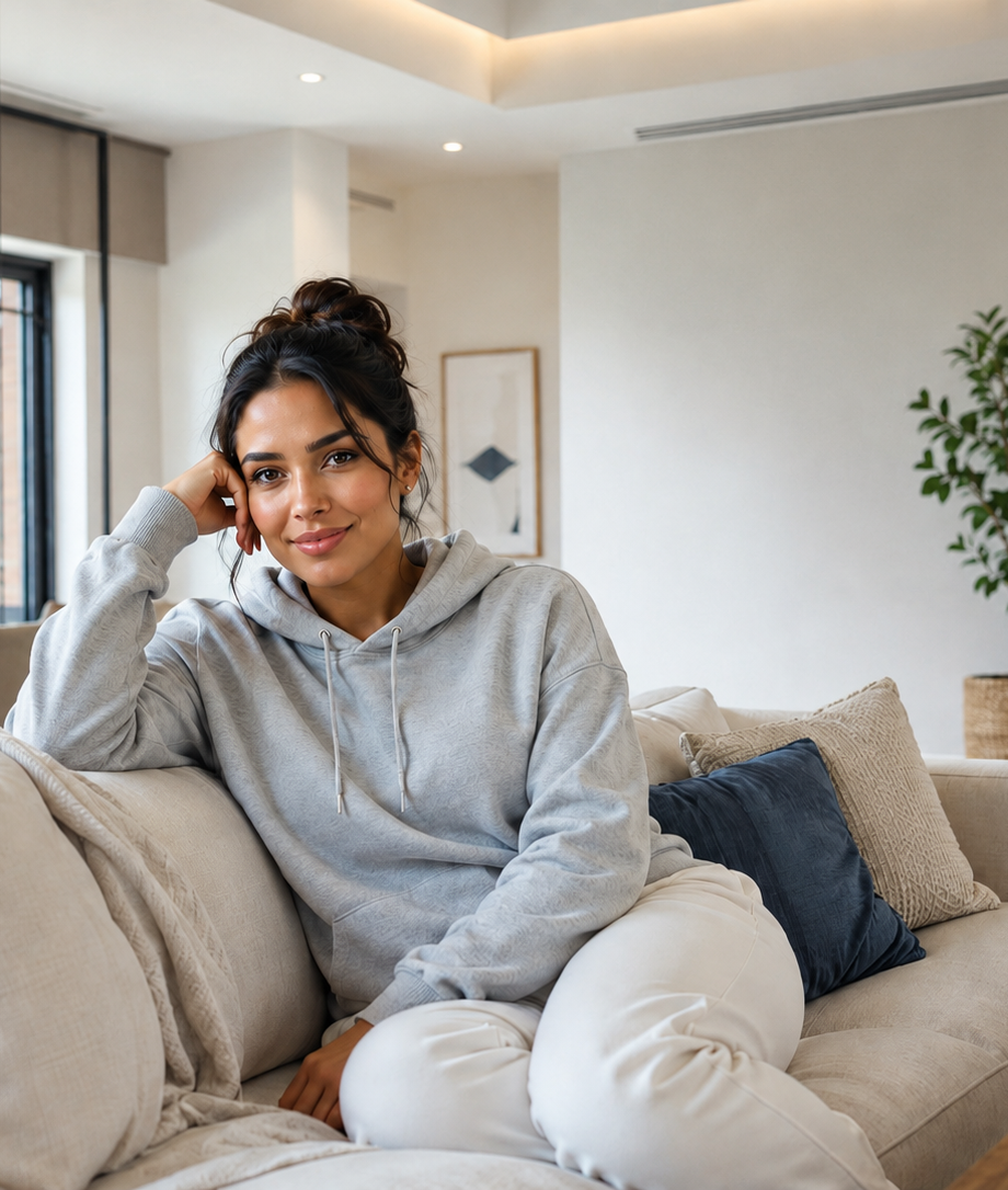 Woman sitting in her living room with cold air conditioner